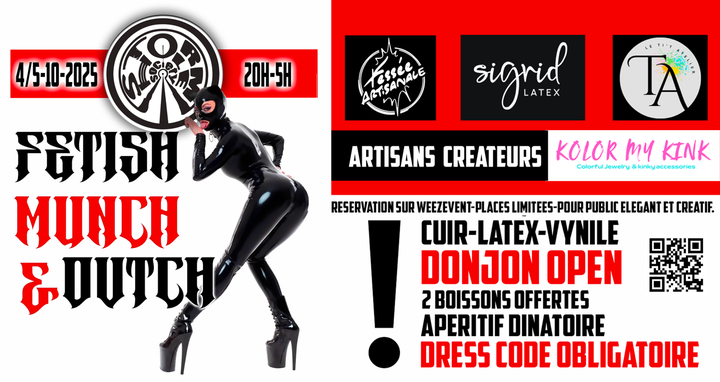 affiche de l'évènnement fetish "munch and outch" a la storm home, l'image presente une femme en catsuit noire brillant qui se leche la main, les informations de la soirée sont marqué en gros caractère et les logos des partenaires exposants également