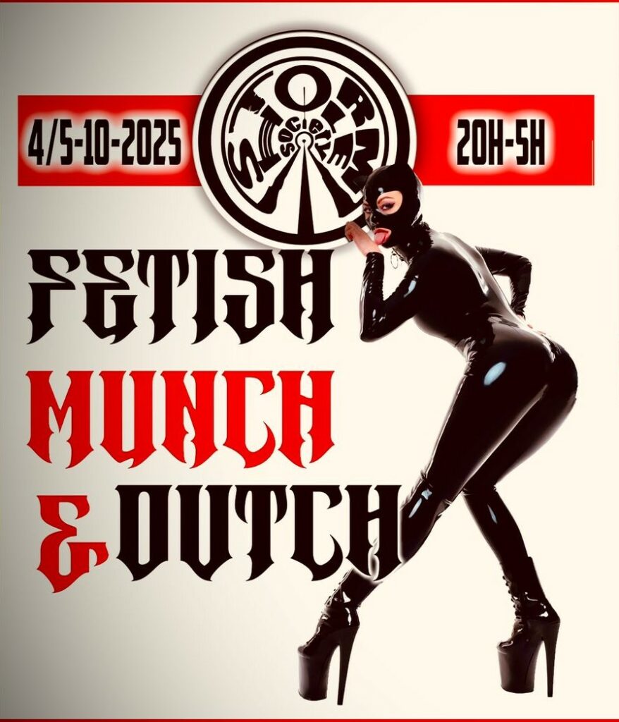 Affiche d'une soirée "FETISH MUNCH and OUTCH" a la Storm Hole Society, un donjon a St chamond, l'image montre une femme en catsuit noir brillant et se leche la main